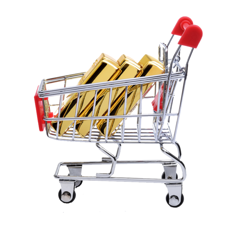 A small shopping cart with red handles contains four gold bars, set against a white background, symbolizing the value and efficiency of expert transportation consulting services.
