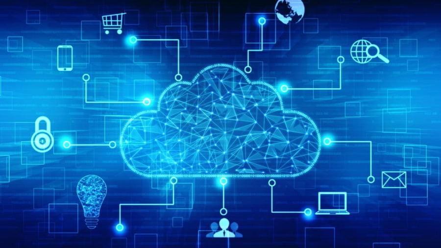 A glowing cloud icon in the center is surrounded by digital icons such as a lock, shopping cart, globe, laptop, email, and light bulb, representing various internet and cloud computing concepts on a blue digital background.