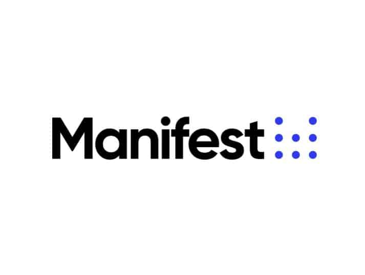 The word Manifest is written in bold black letters, followed by two columns of three blue dots each, arranged vertically on a white background.
