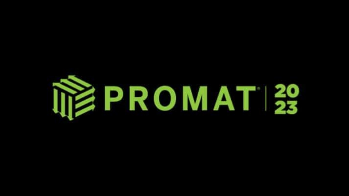 Green text on a black background reads PROMAT 2023 with a geometric cube logo to the left of PROMAT and 2023 stacked vertically to the right.