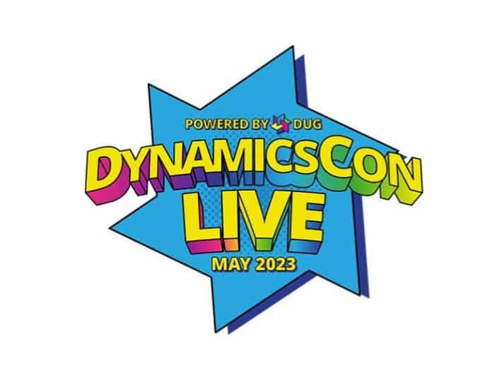 Logo for DynamicsCon Live, powered by DUG, with colorful 3D text and a blue starburst background. The words LIVE and May 2023 are prominently displayed.