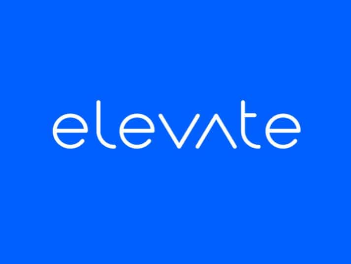 The word elevate in lowercase, white rounded letters on a bright blue background. The v in elevate is stylized as an upward-pointing triangle.