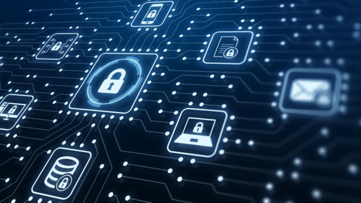 Digital illustration of a circuit board with glowing padlock icons, computer, email, and database symbols, representing cybersecurity and secure data connections on a dark background.