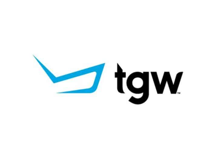 The image shows the tgw logo, featuring the lowercase letters tgw in bold black font next to a blue, angular, abstract shape on a white background.