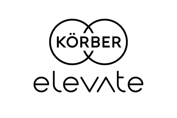 Black text logo on white background. Two overlapping circles contain the word KÖRBER. Below, the word elevate is written in lowercase, with the v shaped like an upside-down triangle.