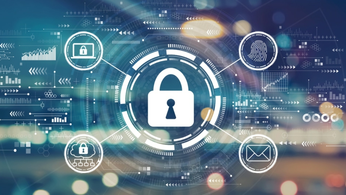A digital illustration showing a central padlock icon surrounded by security symbols, such as a fingerprint, lock, and envelope, representing cybersecurity, security awareness training, and data protection on a blurred technological background.