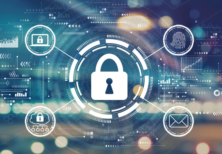 A digital illustration showing a central padlock icon surrounded by security symbols, such as a fingerprint, lock, and envelope, representing cybersecurity, security awareness training, and data protection on a blurred technological background.