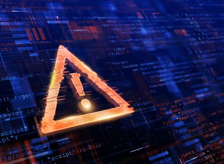 A glowing warning triangle with an exclamation mark appears over digital code and abstract circuit patterns, symbolizing a cybersecurity threat or digital security alert.