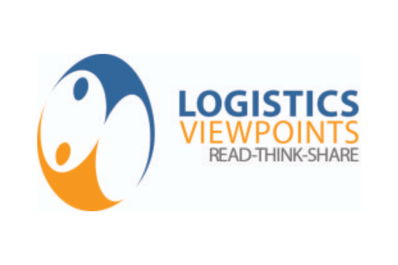 Logo for Logistics Viewpoints featuring an abstract blue and orange design on the left and the words LOGISTICS VIEWPOINTS READ-THINK-SHARE in blue and orange text on the right.