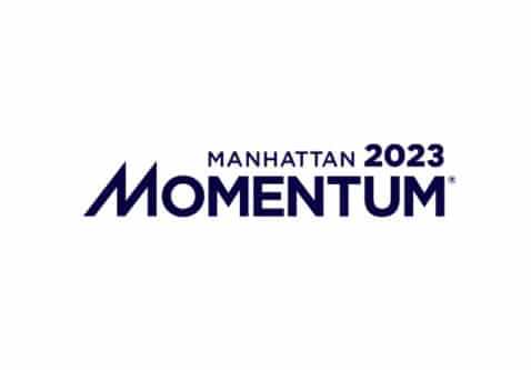 Logo with the words MANHATTAN 2023 MOMENTUM in bold, dark blue text on a white background.