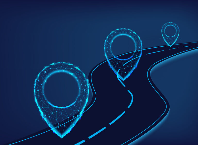 A digital illustration of a winding road with glowing blue location markers along the way, symbolizing navigation, journey, or progress against a dark background.