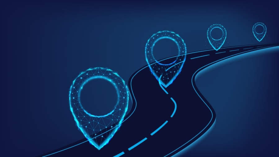 A digital illustration of a winding road with glowing blue location markers along the way, symbolizing navigation, journey, or progress against a dark background.