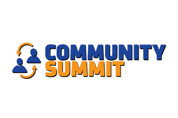 Logo with two blue user icons connected by orange arrows on the left, and the words Community Summit in bold blue and orange text on the right. White background.