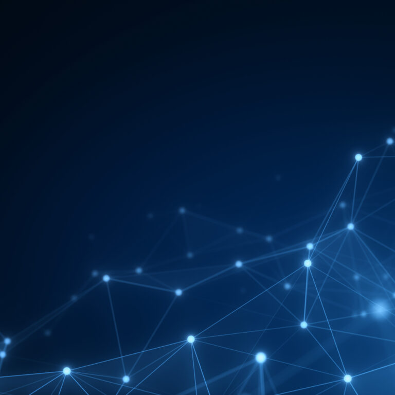 Abstract background featuring a dark blue gradient with interconnected glowing points and lines, evoking a digital network or constellation pattern—ideal for showcasing Supply Chain Network Design & Optimization Services.