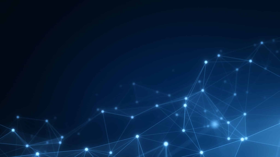 Abstract background featuring a dark blue gradient with interconnected glowing points and lines, evoking a digital network or constellation pattern—ideal for showcasing Supply Chain Network Design & Optimization Services.