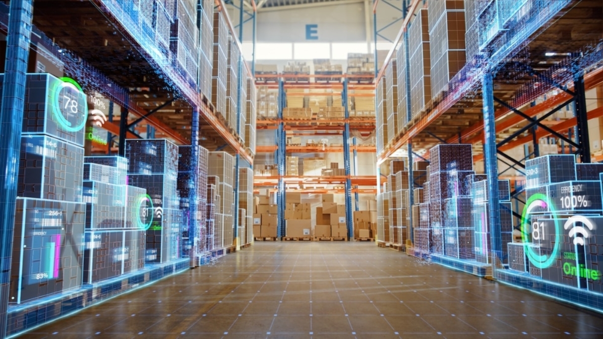 A modern warehouse with shelves stacked high with boxes, overlaid with digital graphics displaying data and charts, illustrating warehouse automation and advanced logistics technology for smart inventory management.