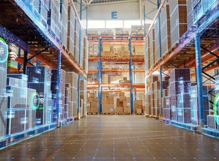 A modern warehouse with shelves stacked high with boxes, overlaid with digital graphics displaying data and charts, illustrating warehouse automation and advanced logistics technology for smart inventory management.