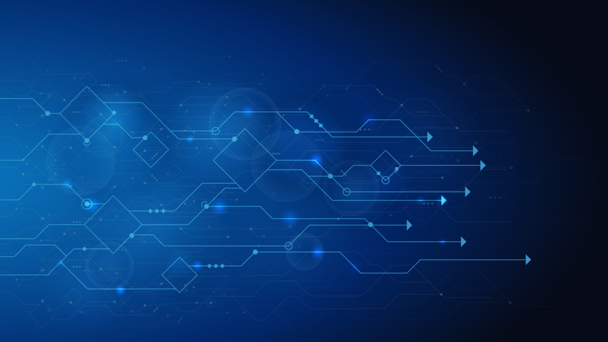 Abstract blue background featuring digital circuit lines and arrows pointing right, symbolizing technology, data flow, and innovation—perfect for illustrating a Microsoft D365 Business Central Upgrade with geometric shapes and glowing light effects.