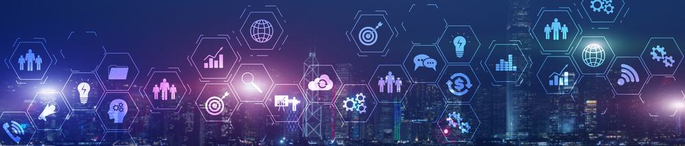 Hexagonal icons representing Microsoft ERP, technology, and business concepts are overlaid on a nighttime city skyline with glowing lights. The icons include gears, graphs, globes, targets, light bulbs, and people.