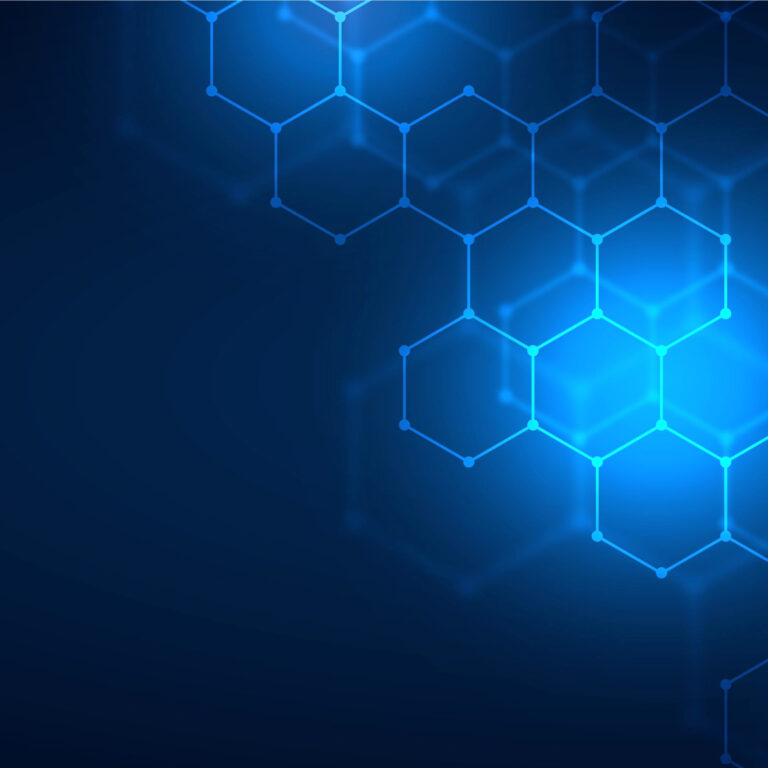 Blue hexagonal shapes form a glowing, interconnected pattern on a dark blue background, evoking a futuristic and digital-inspired abstract design reminiscent of Microsoft Business Solutions.
