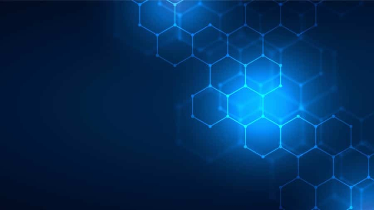 Blue glowing hexagonal shapes connect on a dark blue background, creating a futuristic, digital technology pattern reminiscent of Microsoft Business Solutions. The hexagons are brighter on the right and fade toward the left.