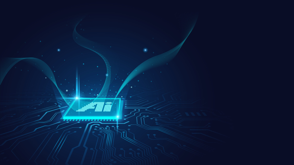 A glowing microchip labeled “AI” sits on a dark circuit board, with blue digital waves and particles emanating from it, symbolizing artificial intelligence technology and Copilot Readiness Workshop innovation.