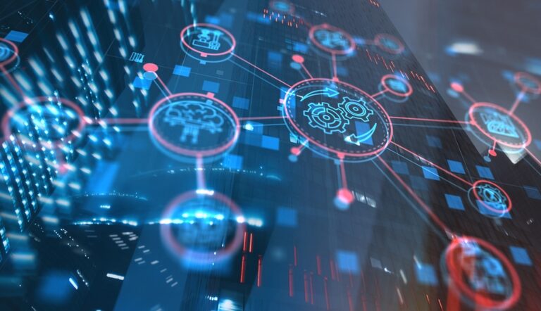 A digital illustration of interconnected technology icons, such as gears and cloud, overlaid on a cityscape at night, symbolizing concepts like automation, networking, and smart technology.