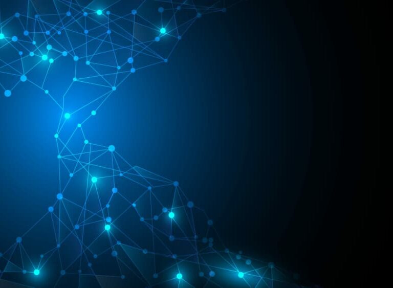 Abstract digital background with glowing blue connected dots and lines forming a network pattern on a dark gradient backdrop, suggesting technology or data connections.