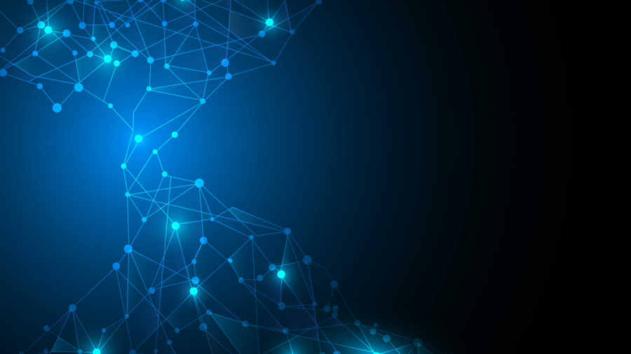 Blue glowing network of interconnected dots and lines on a dark background, forming a digital, abstract, and slightly hourglass-shaped pattern with bright nodes and fading edges.