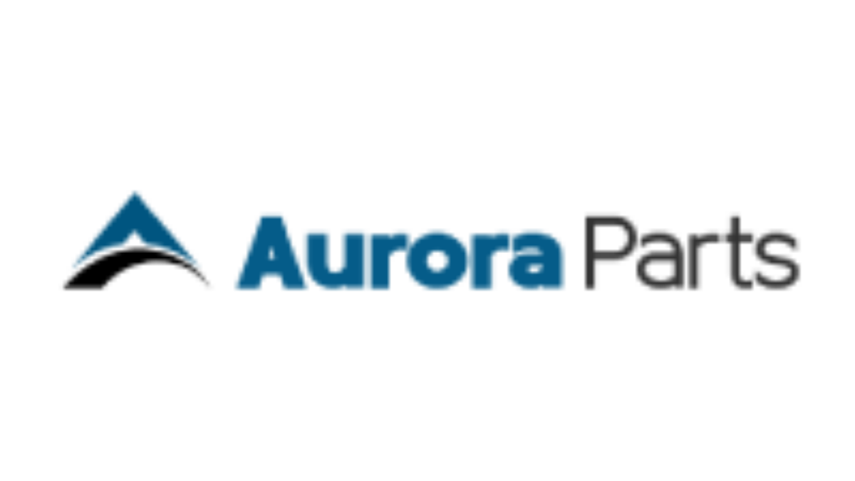Aurora Parts logo featuring a stylized blue and black triangular icon to the left of the text Aurora Parts in blue and black on a light background.
