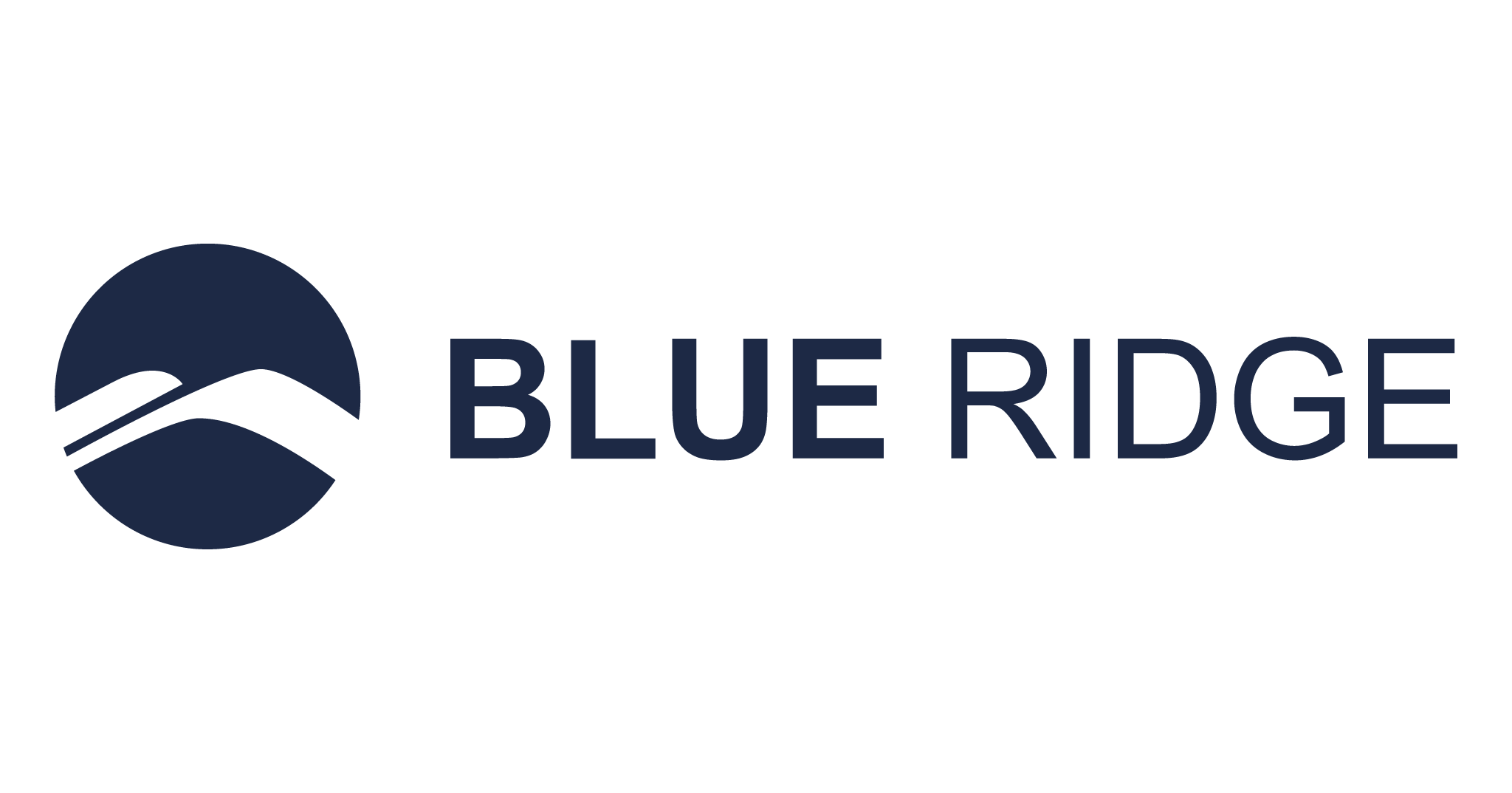 A navy blue circular logo with stylized white mountain shapes next to the text BLUE RIDGE in bold, navy uppercase letters on a light gray background—ideal branding for an inventory optimization consulting firm.