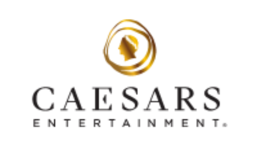 Caesars Entertainment logo featuring a gold profile silhouette inside swirling gold lines above the words Caesars Entertainment in bold, elegant black letters on a light background.
