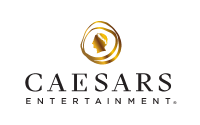 Caesars Entertainment logo featuring a gold profile silhouette inside swirling gold lines above the words Caesars Entertainment in bold, elegant black letters on a light background.
