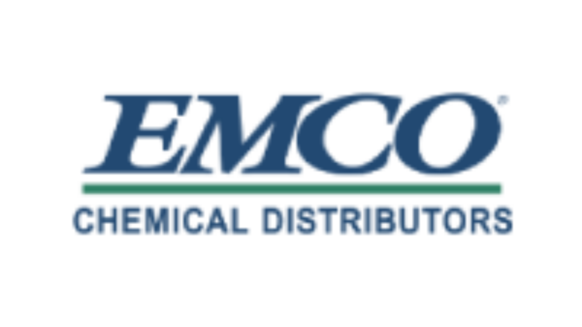 Logo for EMCO Chemical Distributors with EMCO in large blue letters above a green line, and CHEMICAL DISTRIBUTORS in smaller blue text below.