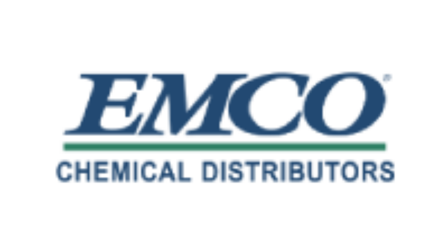 Logo for EMCO Chemical Distributors with EMCO in large blue letters above a green line, and CHEMICAL DISTRIBUTORS in smaller blue text below.
