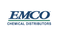 Logo for EMCO Chemical Distributors with EMCO in large blue letters above a green line, and CHEMICAL DISTRIBUTORS in smaller blue text below.