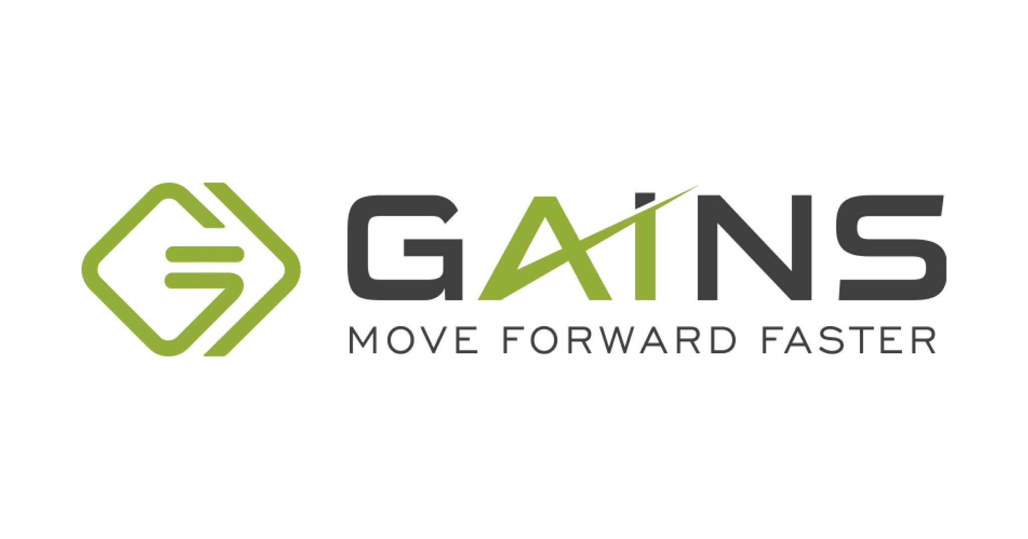 Logo with a green geometric icon on the left and the word GAINS in bold letters. The letter A forms an upward green arrow. Below, the tagline MOVE FORWARD FASTER highlights expertise in inventory optimization consulting.