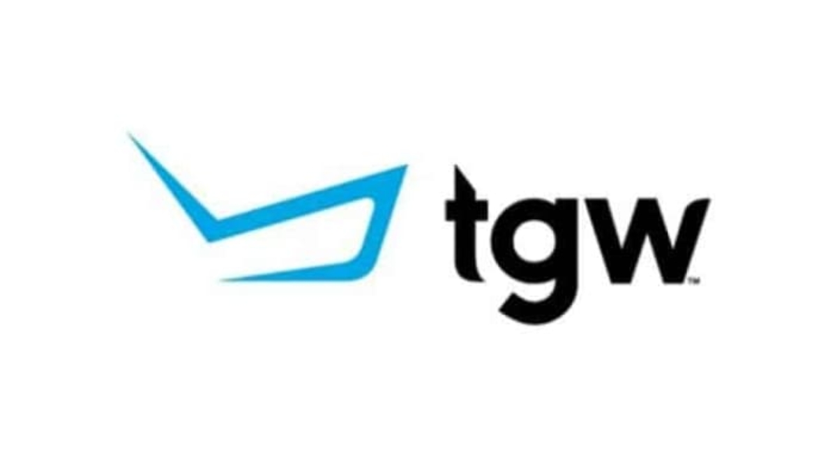 A blue abstract checkmark-like shape is on the left, next to the lowercase black letters tgw on a white background.