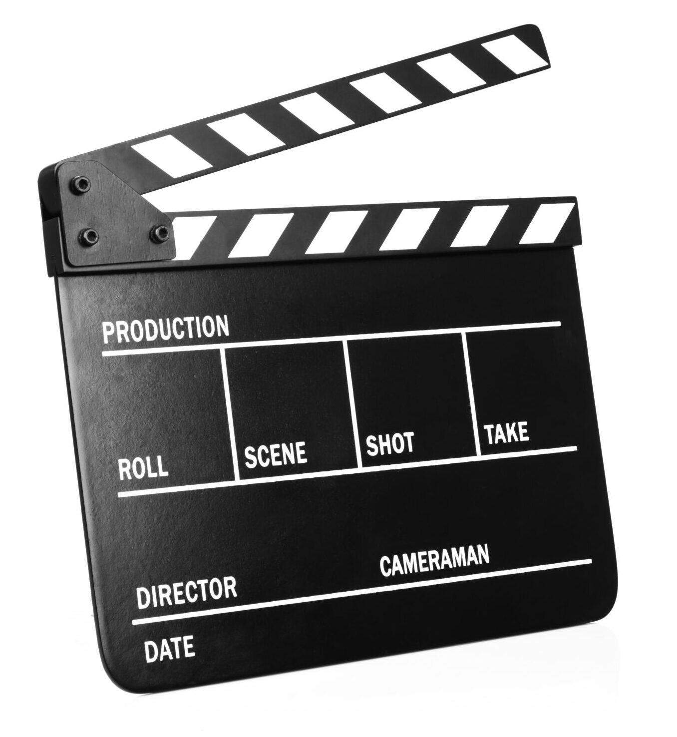 A black and white film clapperboard with labeled sections for production, roll, scene, shot, take, director, cameraman, and date stands isolated on a white background—perfect for showcasing projects like Microsoft Enterprise Solutions.