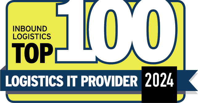 Badge with bold text: Inbound Logistics Top 100 Logistics IT Provider 2024 on a yellow background with a blue banner highlighting the year.