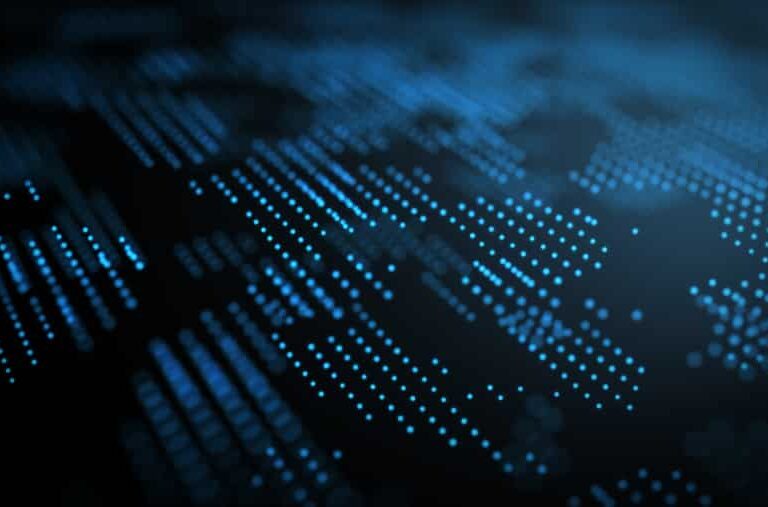 A digital abstract image featuring a dark background with rows of glowing blue dots and lines, resembling data visualization or futuristic technology patterns.