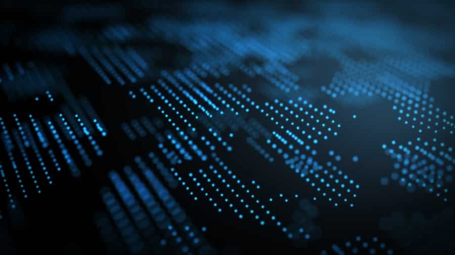 A digital abstract image featuring a dark background with rows of glowing blue dots and lines, resembling data visualization or futuristic technology patterns.
