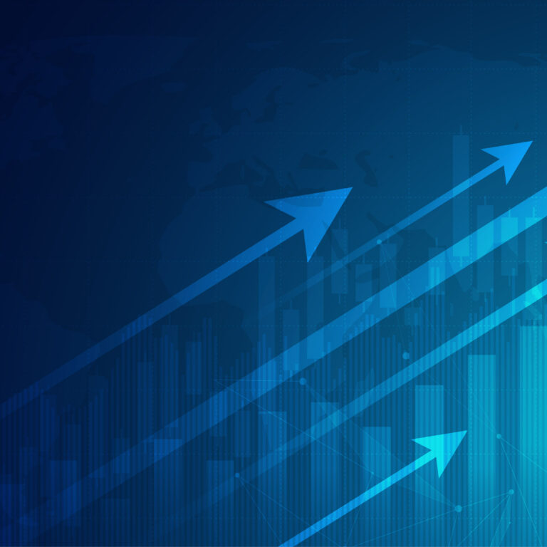 Blue arrows pointing upward over a bar chart with a dark blue gradient background, representing growth, progress, or financial success. Subtle world map outlines appear in the background.