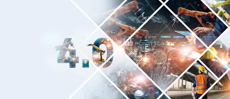 Collage of industrial robotics, workers with hard hats, and machinery symbolizing Industry 4.0, automation, and modern manufacturing technologies with 4.0 text in the image.