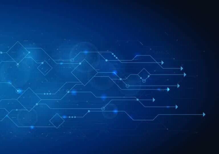 Abstract blue background with geometric circuit lines, arrows, and glowing dots, resembling a digital or technology concept with futuristic elements and a gradient from light to dark blue.