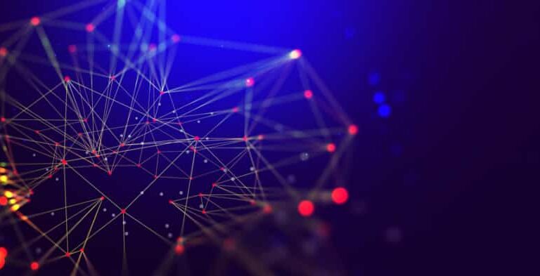 Abstract digital network illustration with intersecting yellow lines and glowing red nodes on a dark blue background, suggesting concepts of connectivity and technology.