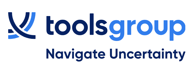 The Toolsgroup logo features a blue abstract symbol, the words toolsgroup in blue gradient text, and the tagline Navigate Uncertainty below in dark blue—reflecting its expertise in inventory optimization consulting.
