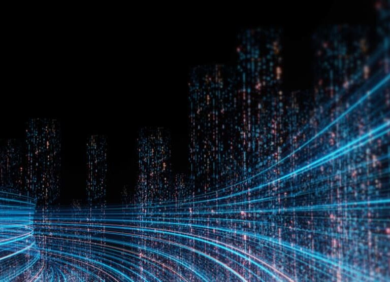 Blue glowing lines curve across a dark background, forming a futuristic digital cityscape with vertical columns resembling skyscrapers made of illuminated data points—evoking the precision of an Implementation Readiness Assessment.