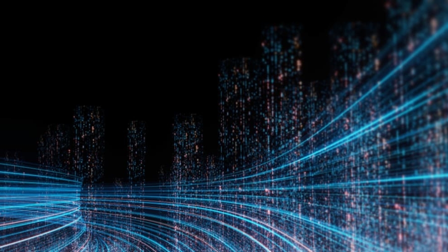 Blue glowing lines curve across a dark background, forming a futuristic digital cityscape with vertical columns resembling skyscrapers made of illuminated data points—evoking the precision of an Implementation Readiness Assessment.