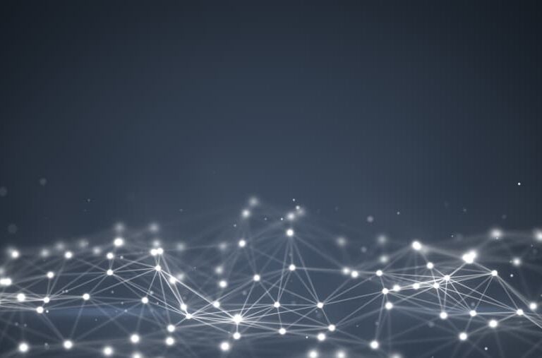 A dark background with a network of interconnected white dots and lines resembles a digital zebra pattern, creating an abstract web or neural network, with some glowing points scattered throughout.